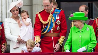 Kate Middleton, Prince William and Queen Elizabeth with Prince George at Buckingham Palace