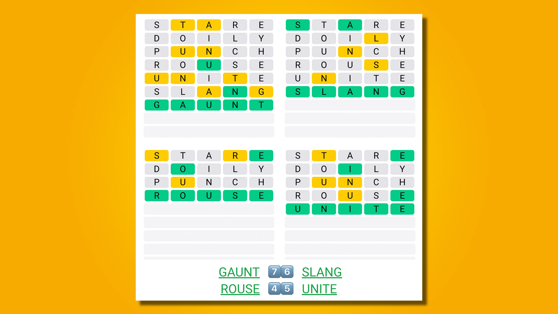 Quordle answers for game 517 on a yellow background