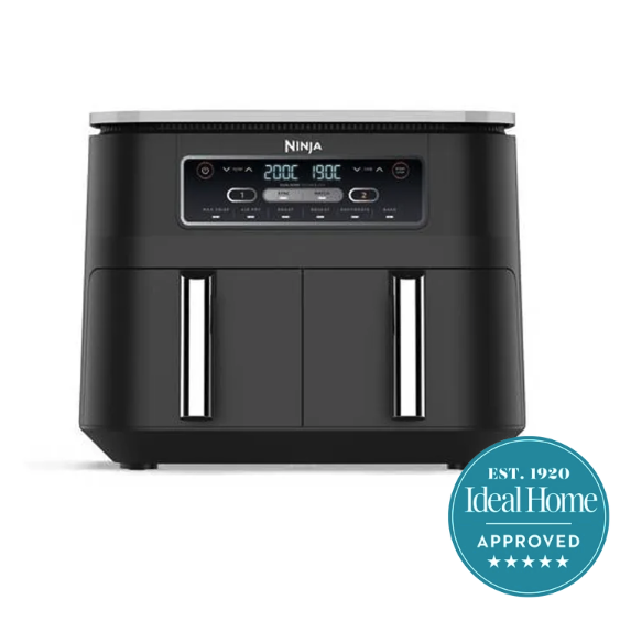 A grey two drawer Ninja air fryer with the Ideal Home approved 5 star badge