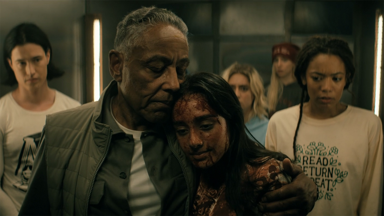 Stan Edgar hugging a blood-soaked Zoe Neuman in Gen V season 2 episode 6