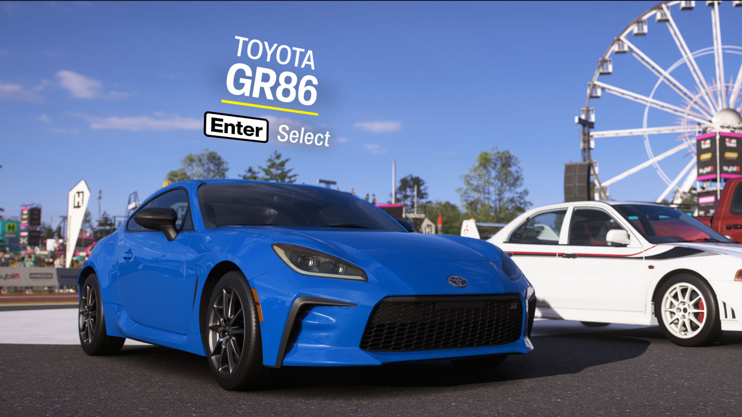 Forza Horizon 6 cars list: The Toyota GR86 starter car outside a fuel station, lined up next to the other choices.