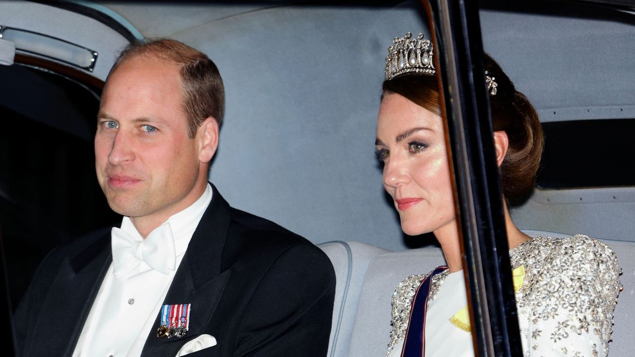 Kate Middleton and Prince William arrive at Buckingham Palace by car to attend a State Banquet for the President of the Republic of South Africa