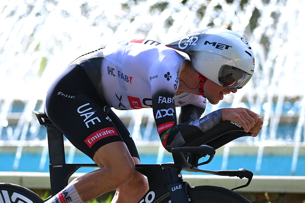 VALLADOLID, SPAIN - SEPTEMBER 11: Joao Almeida of Portugal and UAE Team Emirates - XRG competes during the La Vuelta - 80th Tour of Spain 2025, Stage 18 a 12.2km individual time trial stage from Valladolid to Valladolid / Stage shortened for safety reasons / #UCIWT / on September 11, 2025 in Valladolid, Spain. (Photo by Tim de Waele/Getty Images)