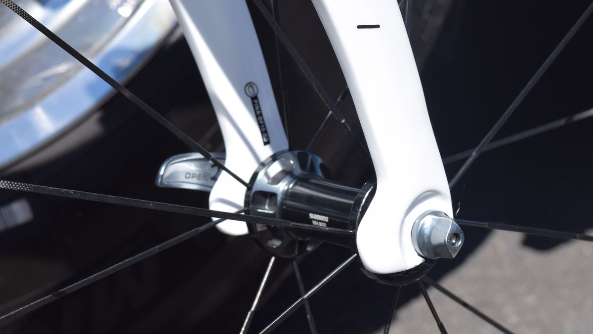 The tabs on the rear of the fork dropouts were inspired from Bradley Wiggins' hour record bike