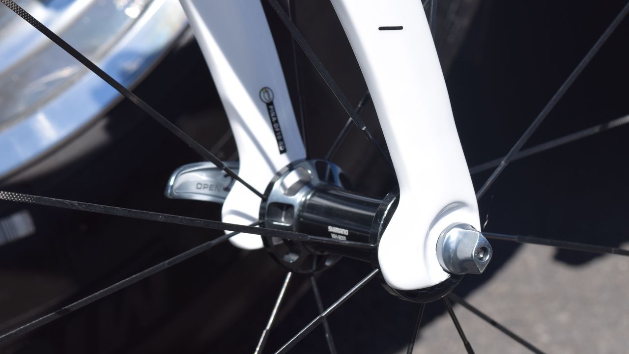 The tabs on the rear of the fork dropouts were inspired from Bradley Wiggins' hour record bike