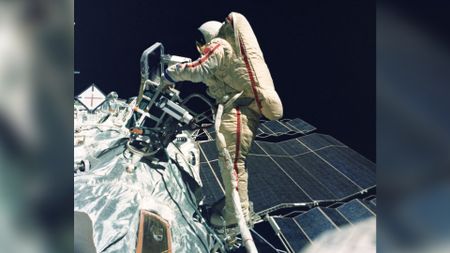 Cosmonaut Svetlana Savitskaya performing a spacewalk during the Soyuz T-12 mission. 