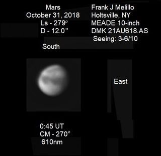 Frank Melillo of Holtsville, Long Island, New York, imaged Mars on the evening of Oct. 31st (Halloween). He writes: "I imaged Mars that evening and I have attached it here. Yes, it is gibbous now and it is like three days before full moon. Usually Mars appears gibbous at three months before and after opposition. Mars will be around until next Spring. Mare Tyrrhenum and Mare Cimmerium dominate the disk as a long dark band across the disk. It is down to 12 arcseconds diameter."