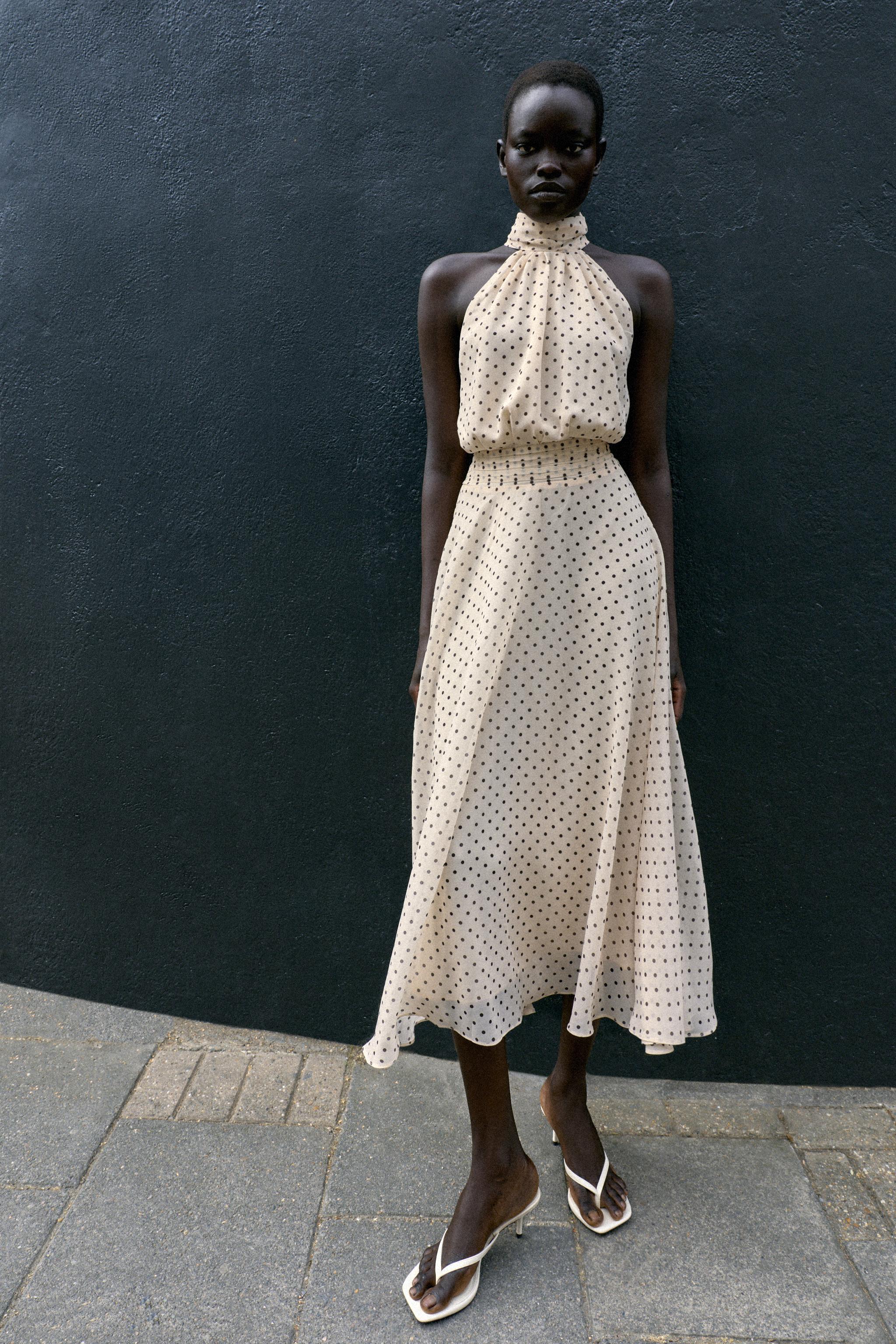 Polka Dot Halter Midi Dress - Beige-Brown - Xs
