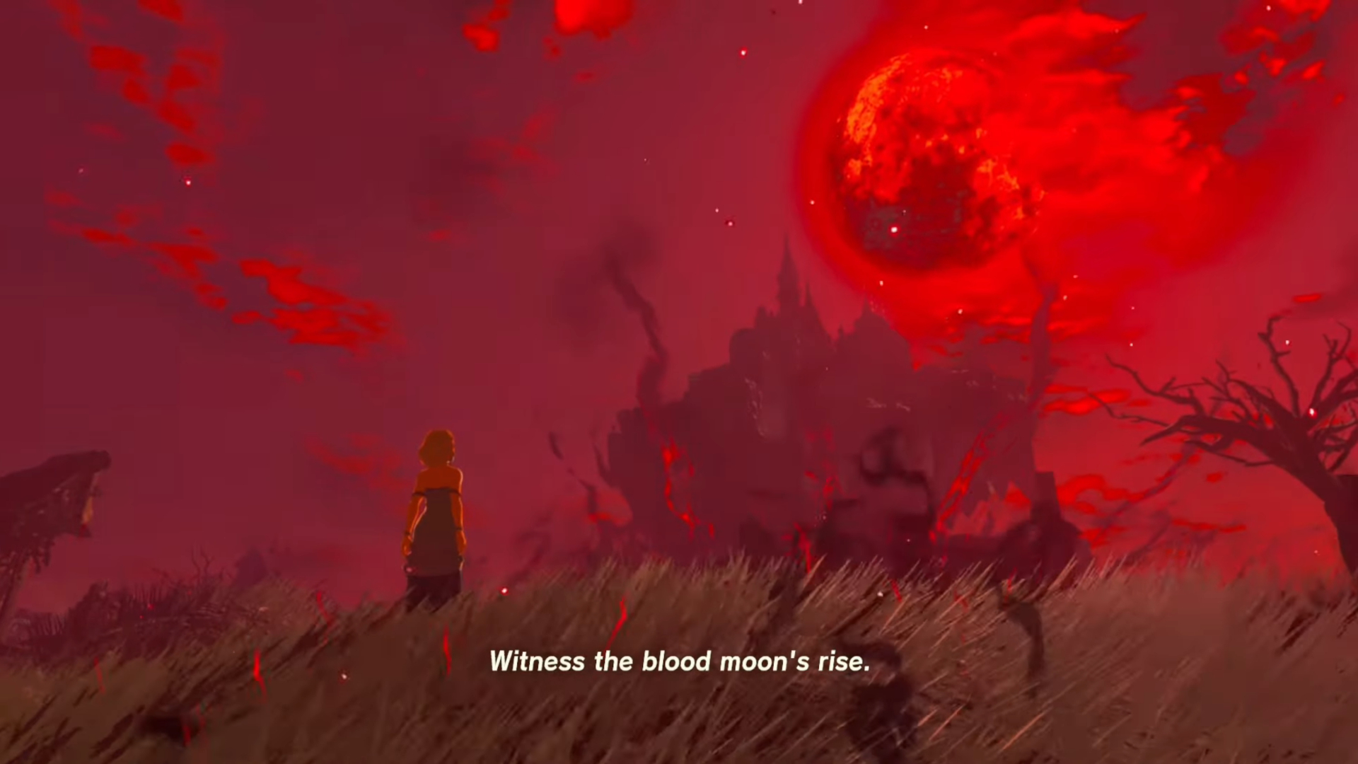 The Blood Moon shown in a red sky in The Legend of Zelda: Breath of the Wild. The text &amp;quot;witness the blood moon's rise&amp;quot; appears on the screen.