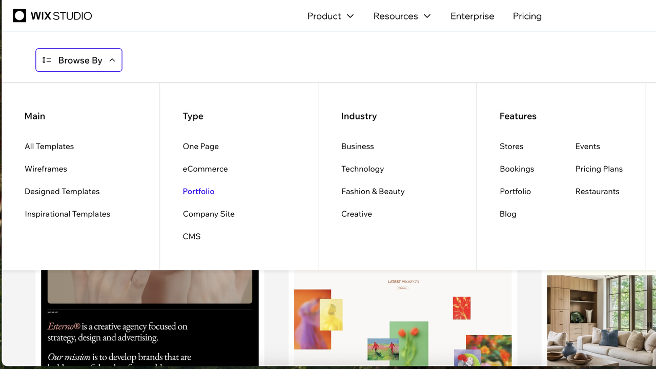 Screengrab showing selection of Wix templates