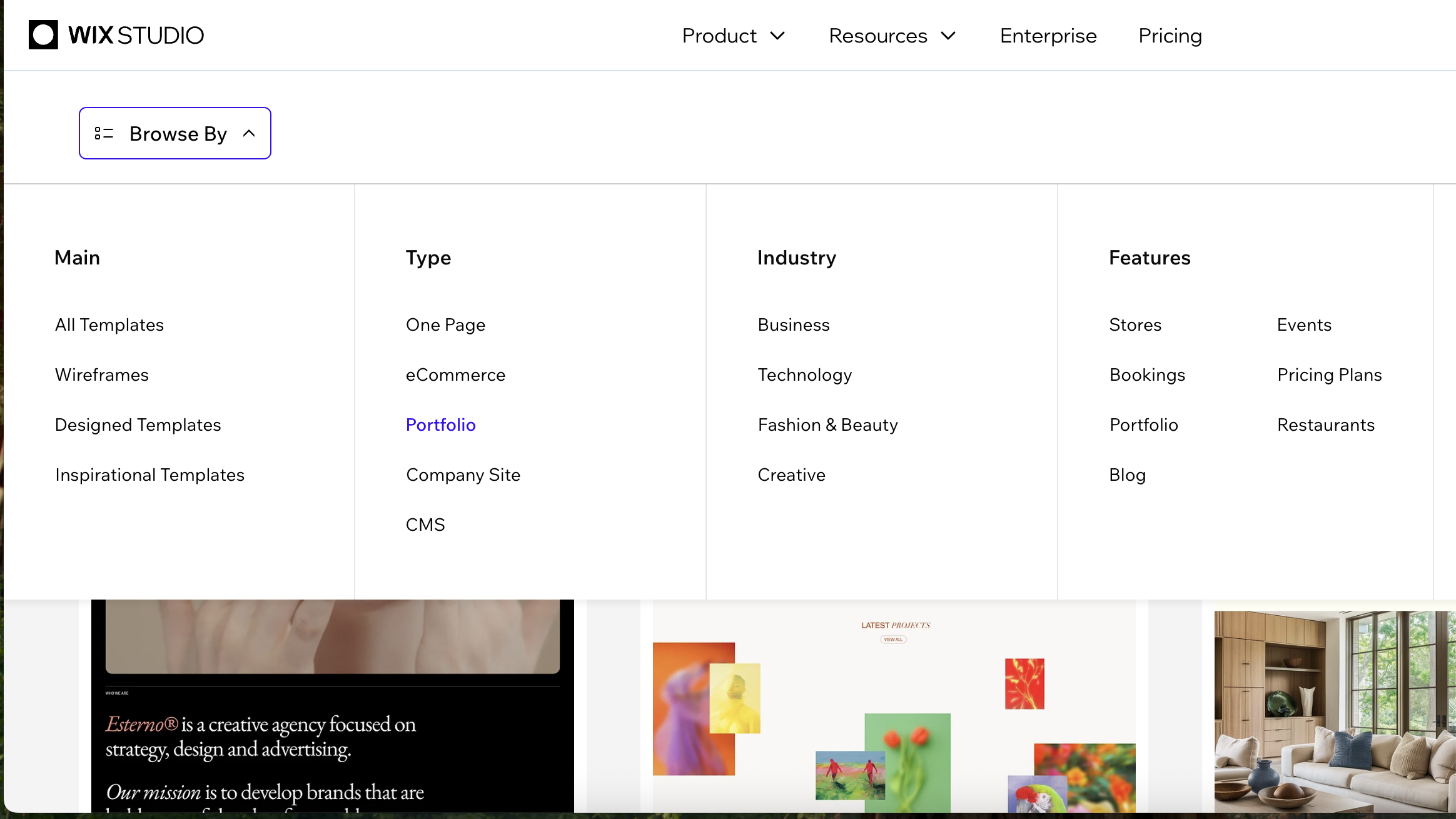 Screengrab showing selection of Wix templates
