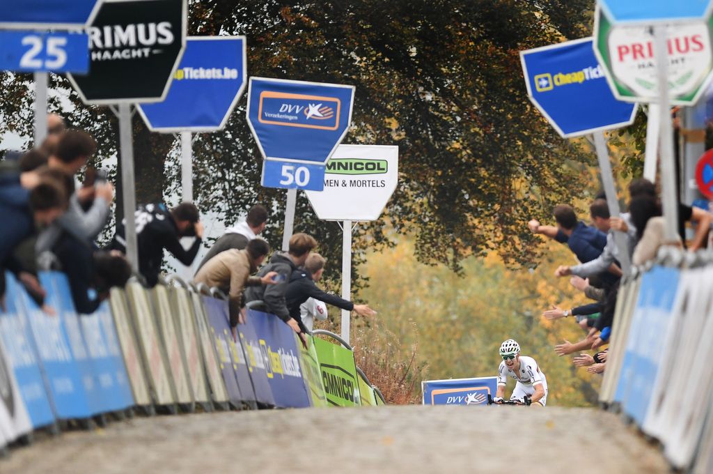 World champion Wout Van Aert (Crelan-Vastgoedservice) approaches the finish line