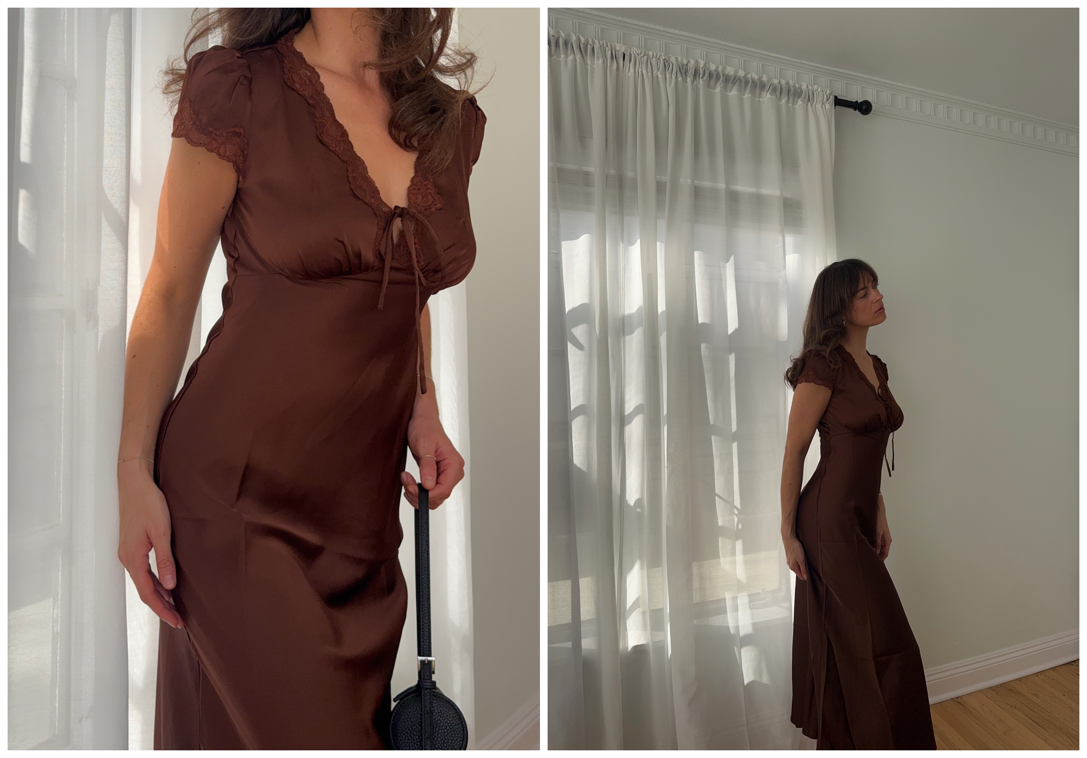 split image of Kathryn Zahorak wearing brown silk and lace dress next to white curtain window