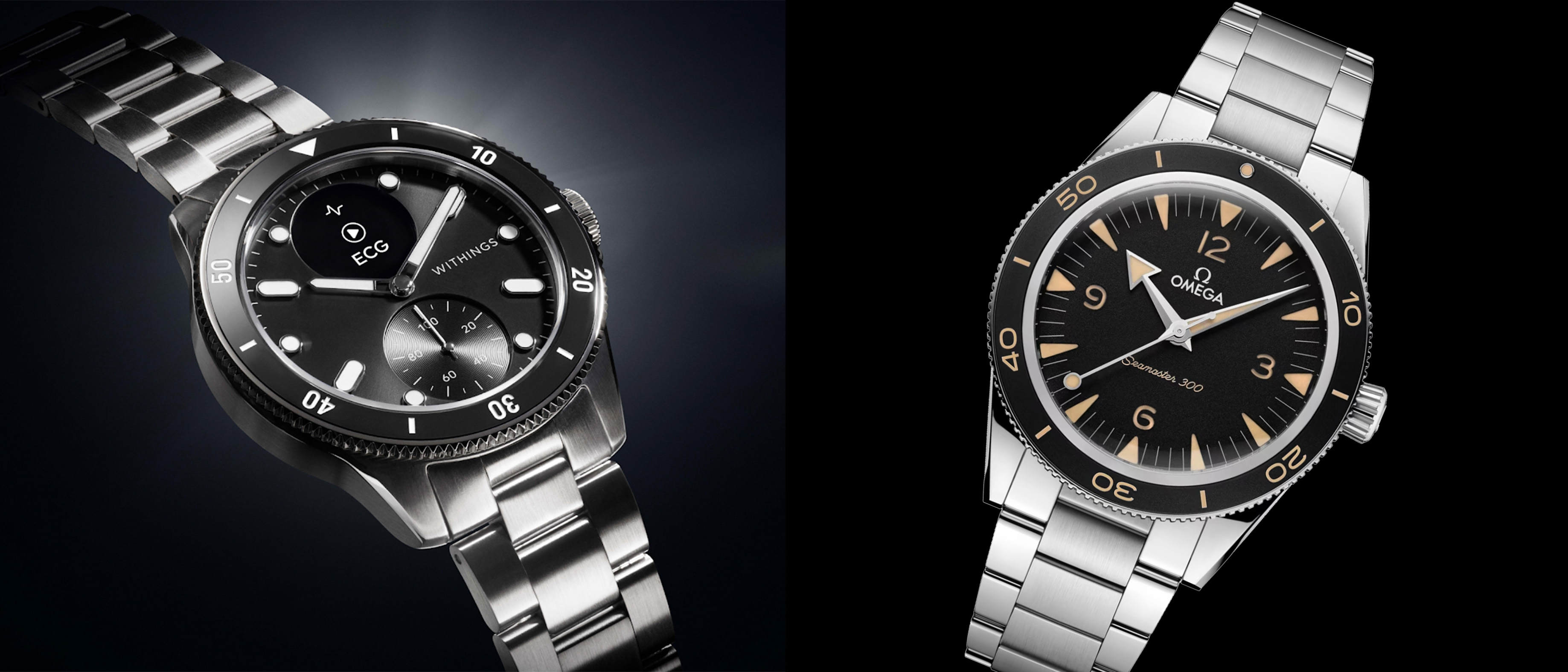 ScanWatch Nova on the left, Omega Seamaster on the right.