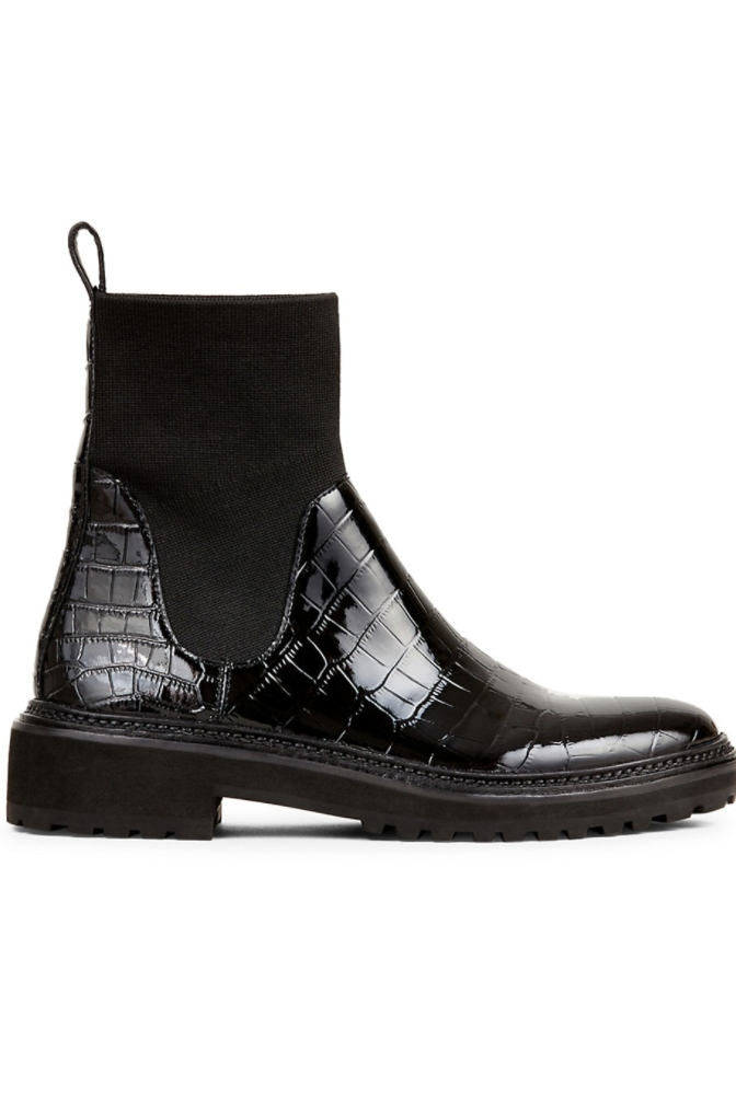 croc-embossed black leather boots