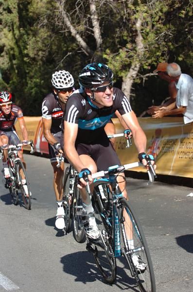 A Team Sky riders pushes up the climb near the end of the stage.