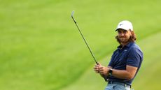 Tommy Fleetwood reacts to his chip to the 18th green during the PGA Championship.