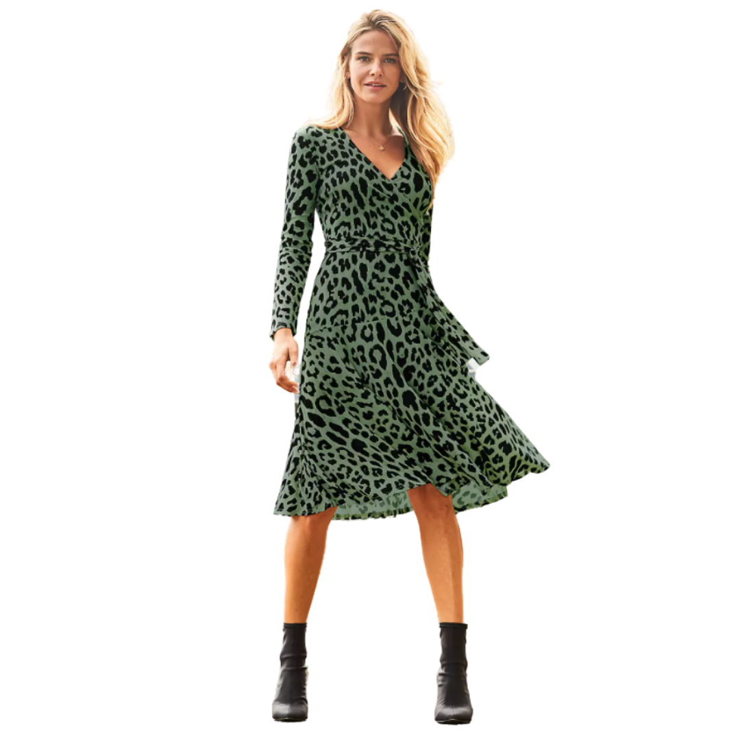 green emerald velvet dress Green Leopard Print Long Sleeve Smock Midi Dress – AX Paris