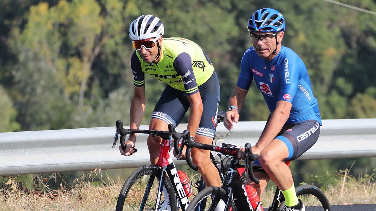 Trek-Segafredo&#039;s Vincenzo Nibali and Italian national selector Davide Cassani do a reconnaissance ride of the road race course for the 2020 UCI Road World Championships in Imola, Italy