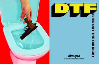 View of an OKCupid ad with a half red, half blue background. On the red side, there is a hand dropping a black gun into a light blue coloured toilet. And on the blue side, there is text that says 'DTFilter Out The Far Right'