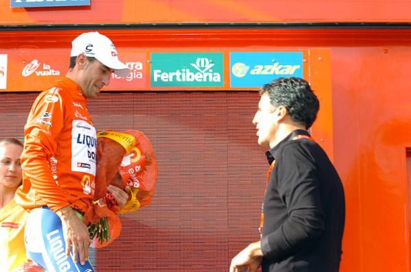 Race leader Vincenzo Nibali (Liquigas - Doimo) was joined at the podium presentation by Miguel Indurain.