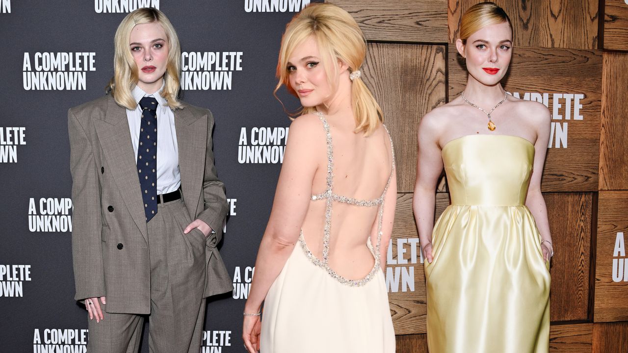 Elle Fanning on the A Complete Unknown red carpets wearing a suit and two dresses