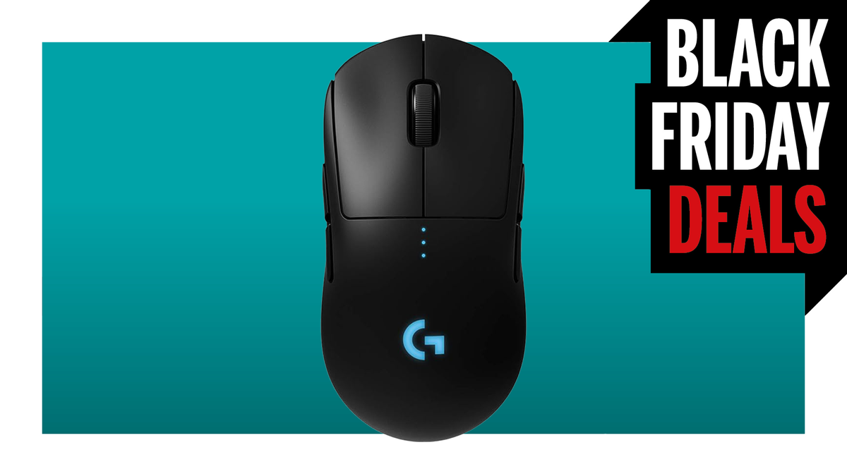 The Logitech G Pro wireless gaming mouse on top of a PC Gamer Black Friday deal banner