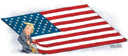 Political cartoon U.S. Trump Michael Cohen Paul Manafort&nbsp;guilty sweeping under rug flag