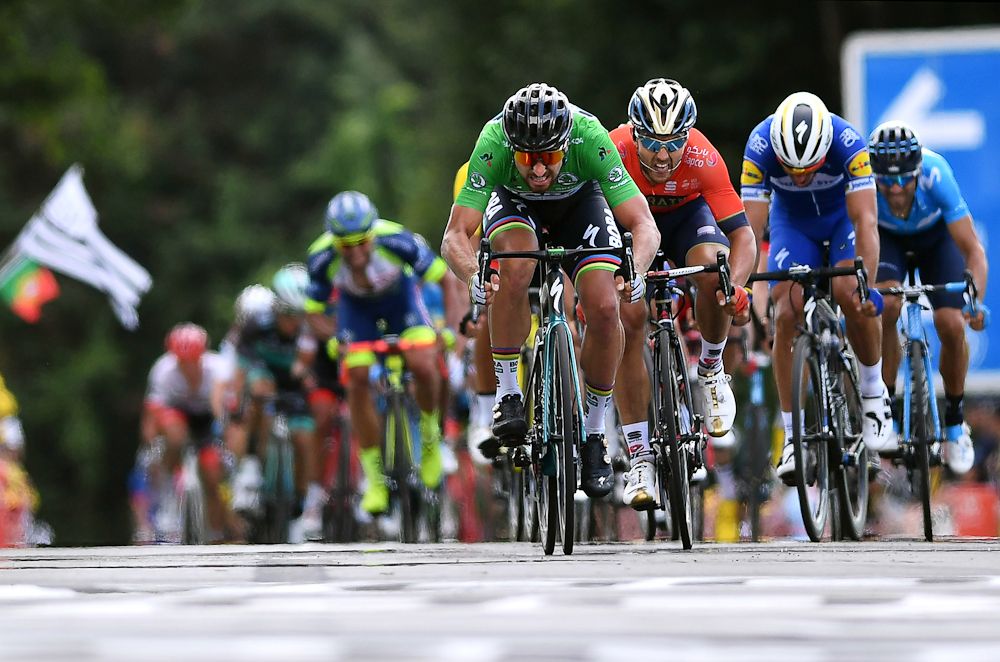 Peter sagan leads the sprinters to the line during stage 5 at the Tour de France