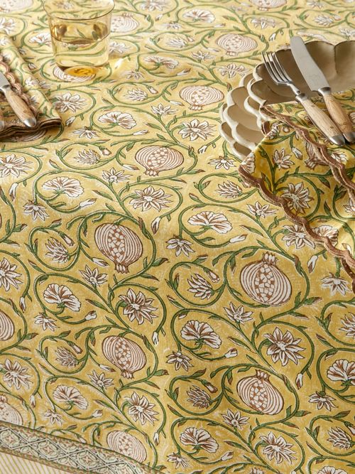 Tangier Pomegranate Block-Printed Cotton Rectangular Tablecloth (106.5in/2.7m)