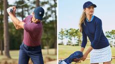 A man and a woman dressed in Peter Millar clothing on the golf course