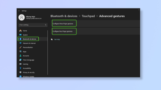 Screenshot of Windows 11 Settings highlighting the three and four-finger gestures customization. 