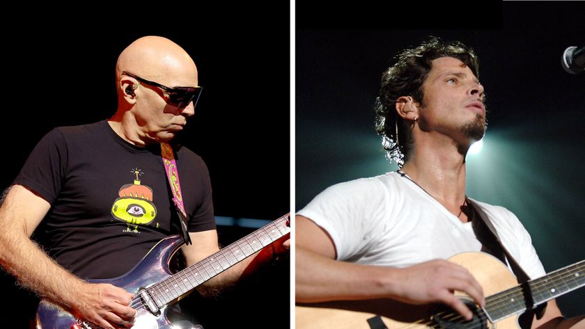 Composite image of Joe Satriani and Chris Cornell performing live