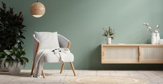 sage green living room with bleached wooden furniture and houseplants