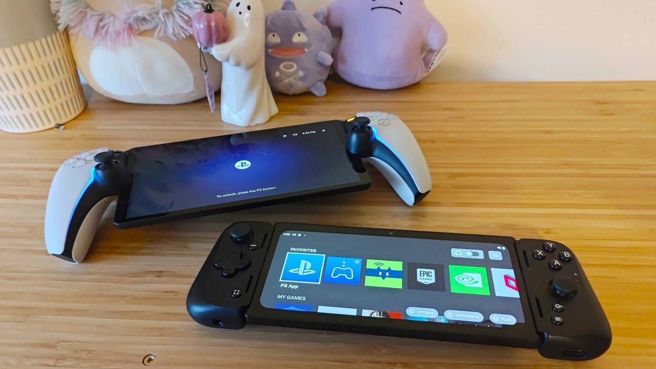 Razer Edge and PlayStation Portal sitting on woodgrain surface