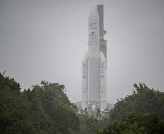 It rained during part of the James Webb Space Telescope's two-hour trek to the launch pad in Kourou, French Guiana, on Dec. 23, 2021.