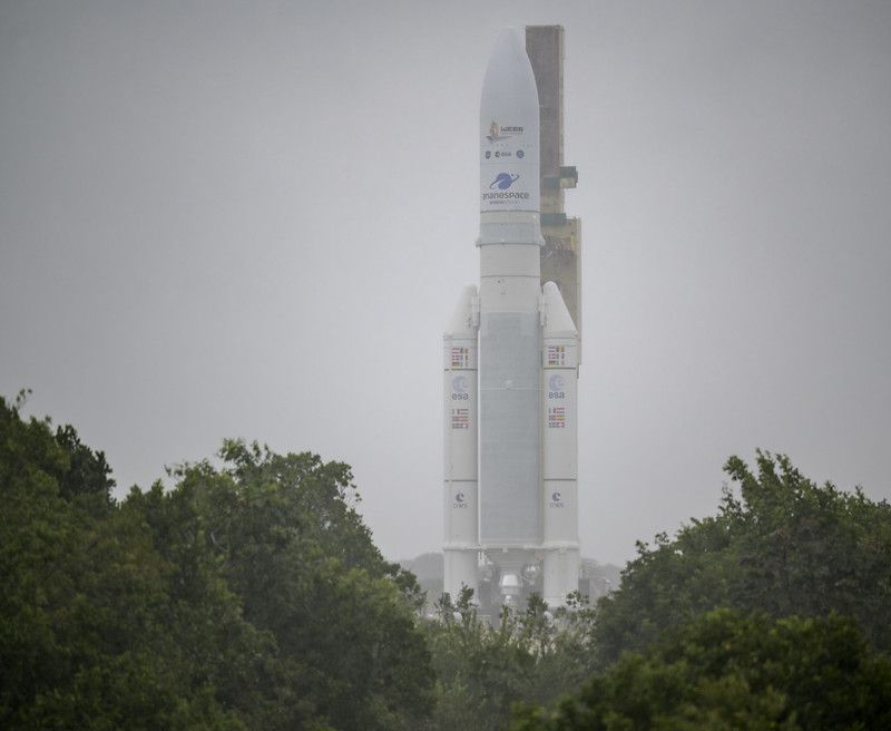 It rained during part of the James Webb Space Telescope's two-hour trek to the launch pad in Kourou, French Guiana, on Dec. 23, 2021.