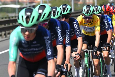 GALDAKAO, SPAIN - APRIL 09: Paul Seixas of France and Team Decathlon CMA CGM - Yellow Leader Jersey competes during the 65th Itzulia Basque Country 2026, Stage 4 a 167.2km stage from Galdakao to Galdakao on / #UCIWT / April 09, 2026 in Galdakao, Spain. (Photo by Tim de Waele/Getty Images)