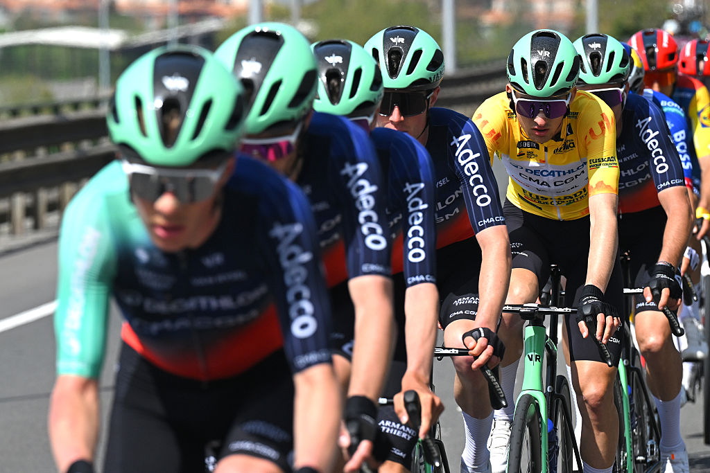 GALDAKAO, SPAIN - APRIL 09: Paul Seixas of France and Team Decathlon CMA CGM - Yellow Leader Jersey competes during the 65th Itzulia Basque Country 2026, Stage 4 a 167.2km stage from Galdakao to Galdakao on / #UCIWT / April 09, 2026 in  Galdakao, Spain. (Photo by Tim de Waele/Getty Images)