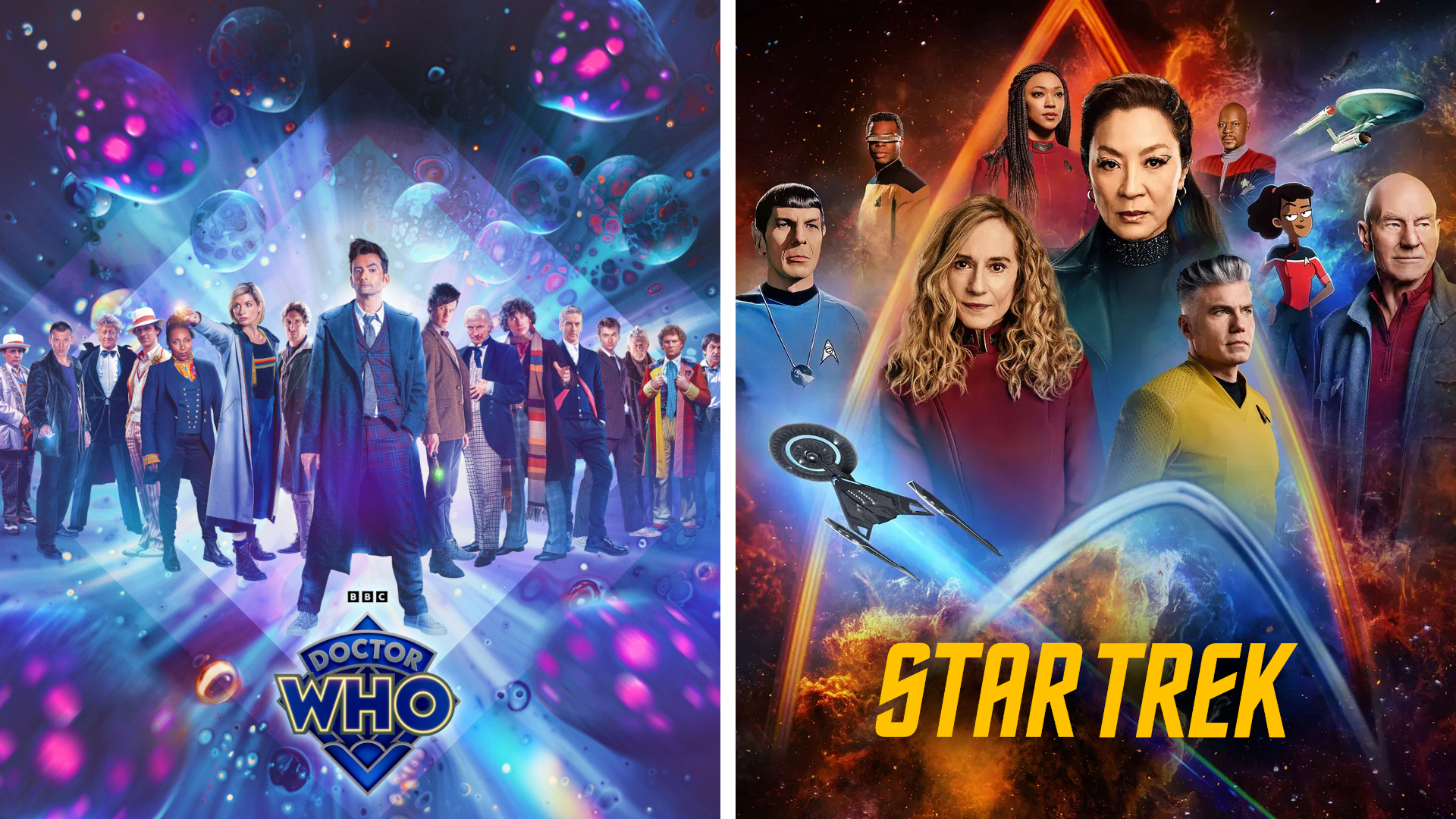 Split image showing cast members from various Doctor Who iterations (L) and Star Trek iterations (R)