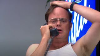 Dwight (Rainn Wilson) gets stressed during his radio interview