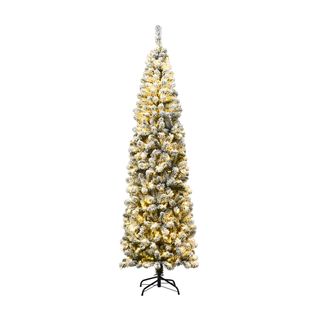 Costway 7.5Ft Pre-lit Snow Flocked Artificial Pencil Christmas Tree with 350 LED Lights