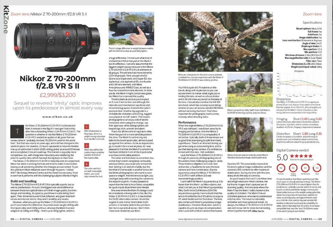 Image showing the two pages of the Nikkor Z 70-200mm f/2.8 VR S II lens review, in issue 308 (June 2026) of Digital Camera magazine