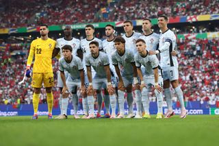 Portugal Euro 2024 squad The Portugal starting eleven line up for a team photo prior to kick off, back row ( L to R ); Diogo Costa, Danilo Pereira, Antonio Silva, Goncalo Inacio, Joao Palhinha, Diogo Dalot and Cristiano Ronaldo, front row ( L to R ); Joao Neves, Pedro Neto, Joao Felix and Francisco Conceicao, in the UEFA EURO 2024 group stage match between Georgia and Portugal at Arena AufSchalke on June 26, 2024 in Gelsenkirchen, Germany. (Photo by Jonathan Moscrop/Getty Images)