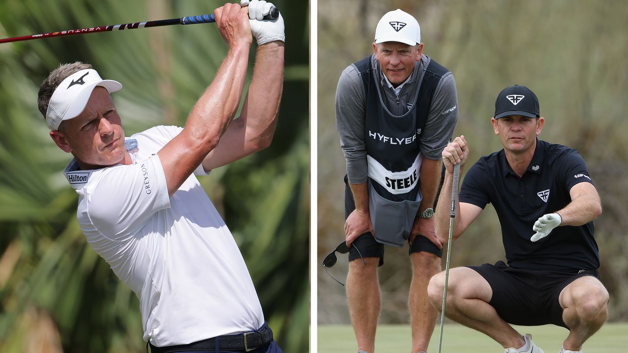 Side-by-side images of Luke Donald and Christian Donald caddying alongside Brendan Steele