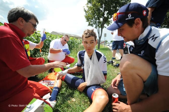 Stefan Denifl (IAM) crashed out of the Tour of Austria after a fall 100km into stage 6