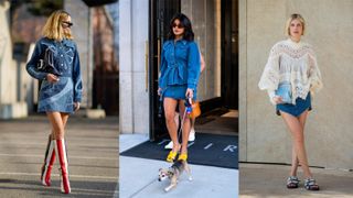 A composite of street style influencers showing how to style a short denim skirt