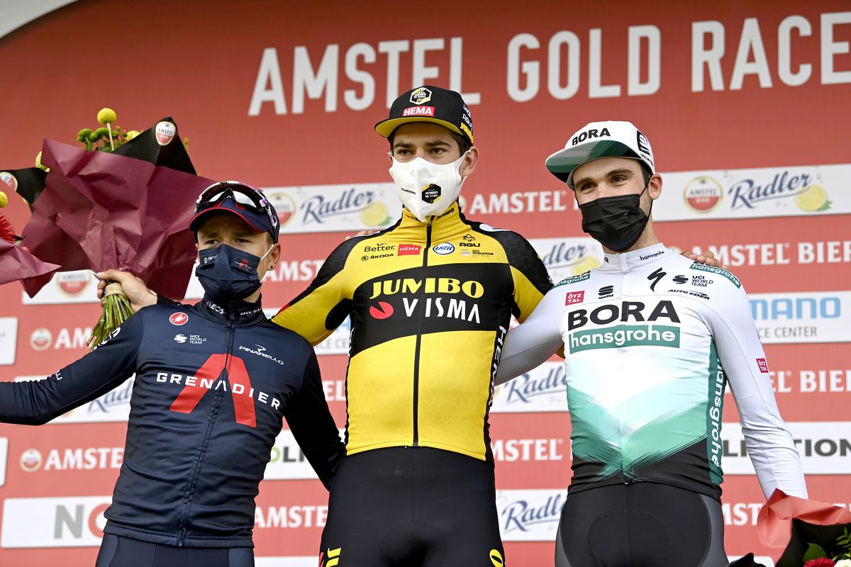 Amstel Gold Race 2021 - 55th Edition - Valkenburg - Berg en Terblijt 218,6 km - 18/04/2021 - Wout Van Aert (BEL - Jumbo - Visma) - Tom Pidcock (GBR - Ineos Grenadiers) - Maximilian Schachmann (GER - Bora - Hansgrohe) - photo Nico Vereecken/PN/BettiniPhoto&Acirc;&copy;2021