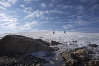 University of Colorado, Boulder researchers traverse the ice on Baffin Island in Nunavut Territory, Canada.