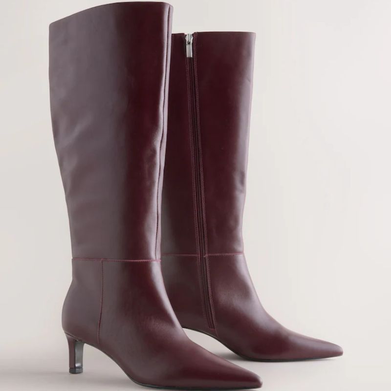 Burgundy Red Leather Knee High Skinny Heeled Boots cut out 